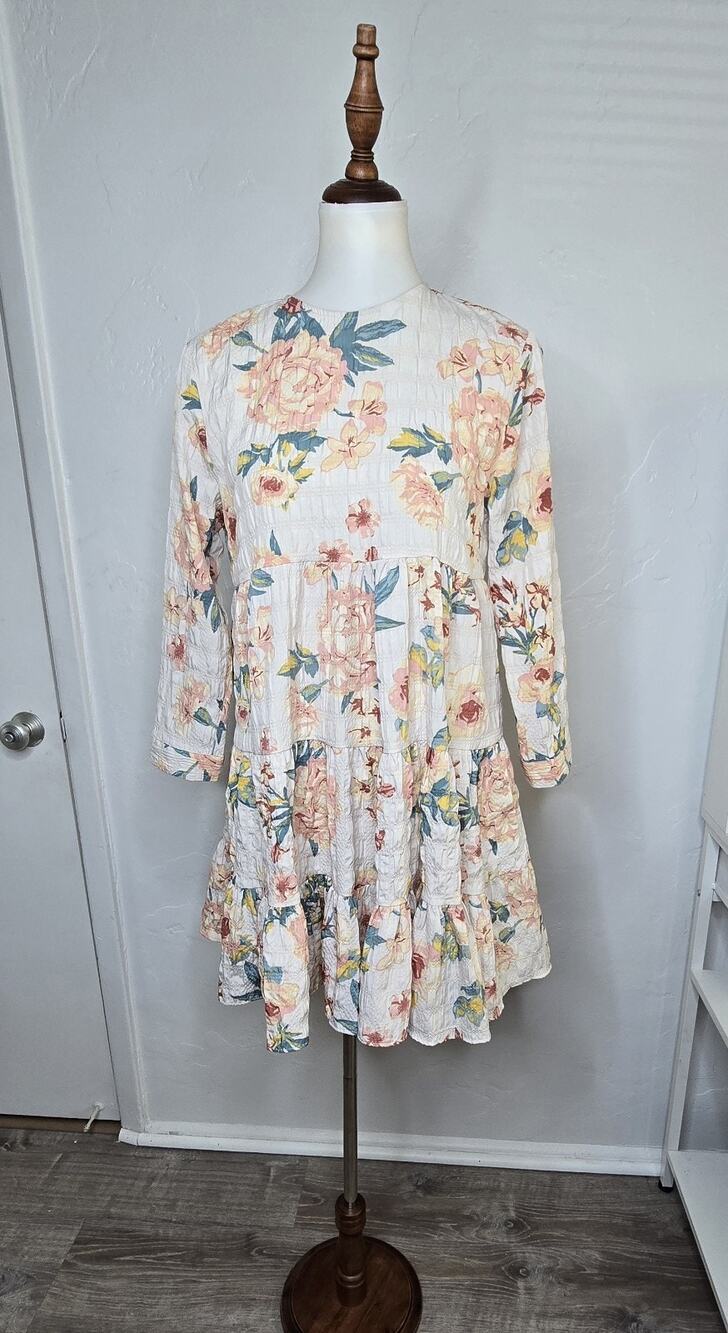 Zara Women’s Floral Mini Dress Size S White Pink Blue Long Sleeve Tiered Ruffle